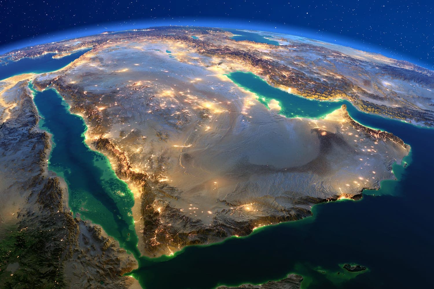 Satellite view of the Arabian Peninsula at night