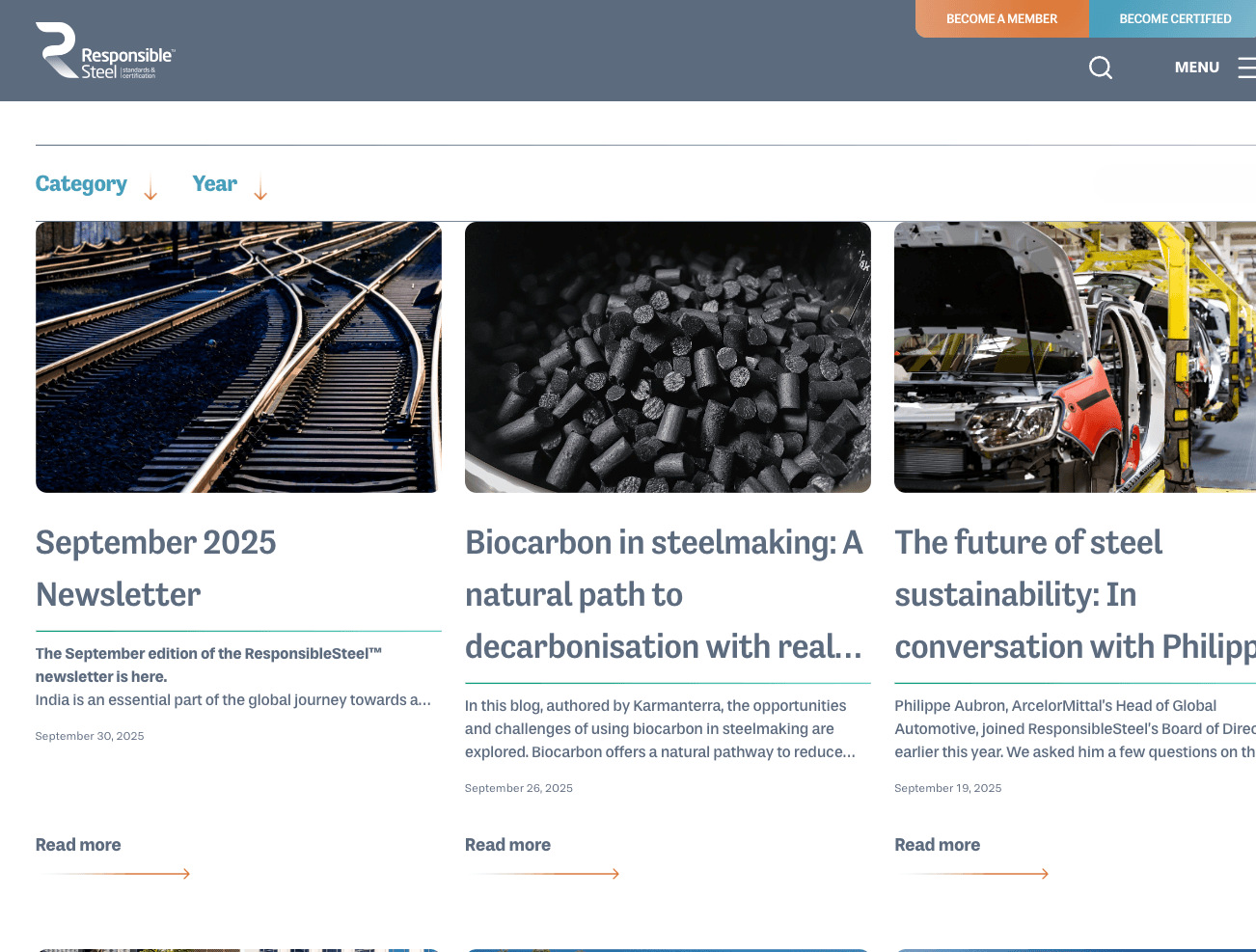 Screenshot of the ResponsibleSteel website news page